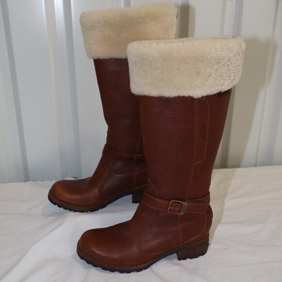 UGG Womens Langley Tall Harness Boots Brown Leather Sheepskin Size 8 Back Zip - Picture 1 of 13